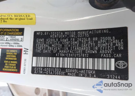 2015 Toyota Avalon Xle/Premium/Touring/Ltd from USA, damaged, VIN 4T1BK1EBXFU157812